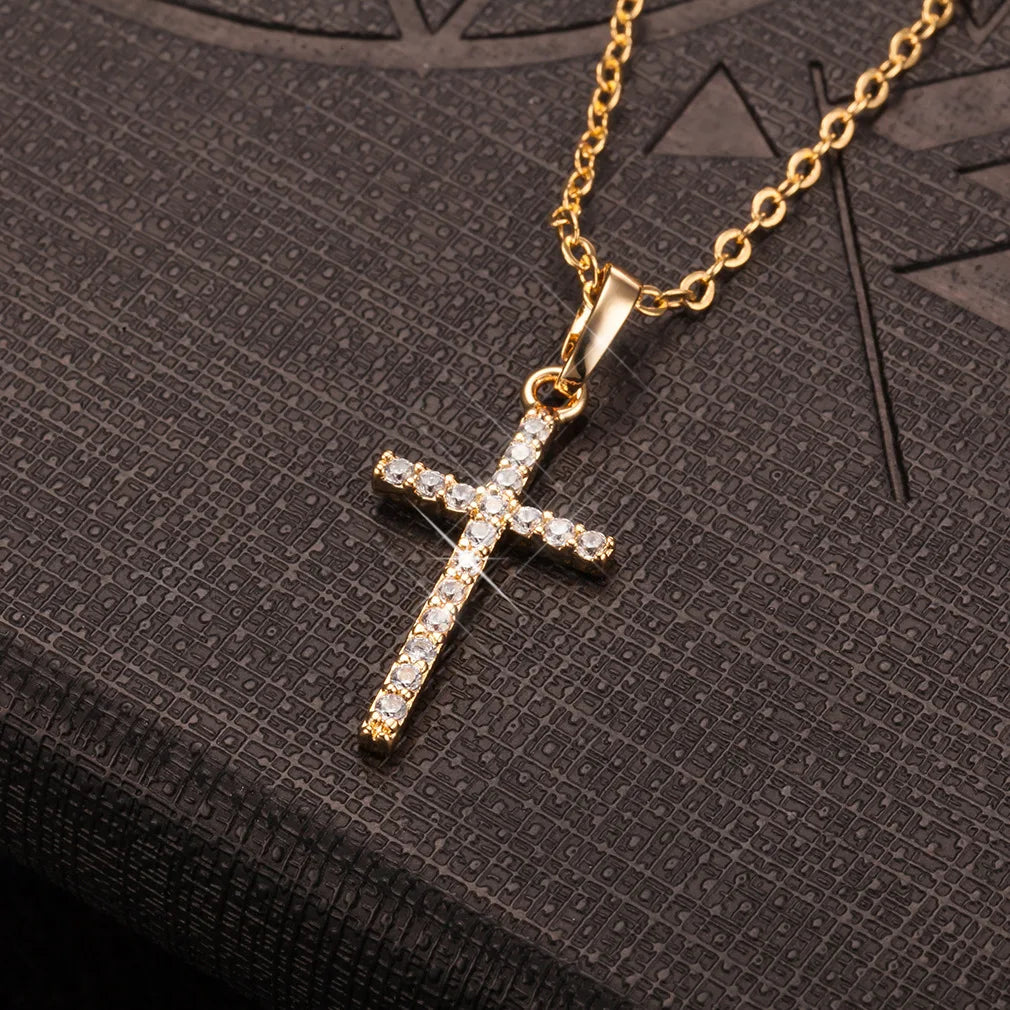 Fashion Simple Alloy Cross Necklace Gold Color Crystal Jesus Cross Pendant Necklace for Men Women Couple Jewelry Gift Wholesale