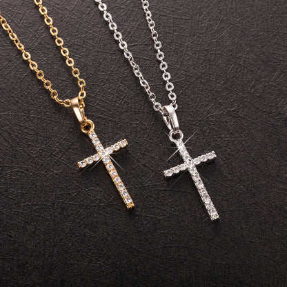 Fashion Simple Alloy Cross Necklace Gold Color Crystal Jesus Cross Pendant Necklace for Men Women Couple Jewelry Gift Wholesale